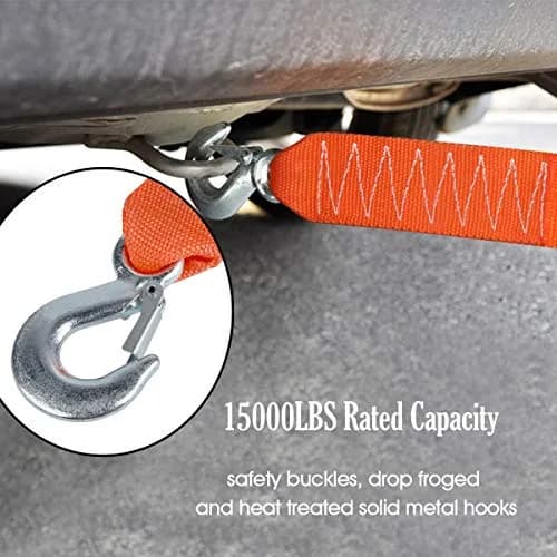 JCHL Heavy Duty Tow Strap with Hooks 2"x20' 15,000LB (6.8 Tons) Recovery Strap | Orange Polyester thumbnail 5