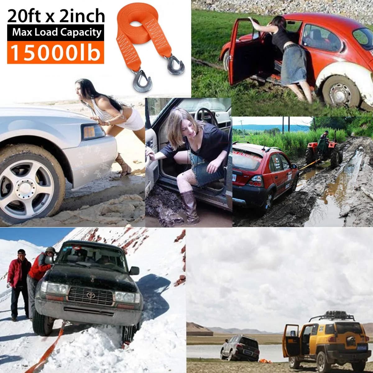 JCHL Heavy Duty Tow Strap with Hooks 2"x20' 15,000LB (6.8 Tons) Recovery Strap | Orange Polyester - view 7