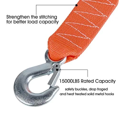 JCHL Heavy Duty Tow Strap with Hooks 2"x20' 15,000LB (6.8 Tons) Recovery Strap | Orange Polyester thumbnail 2