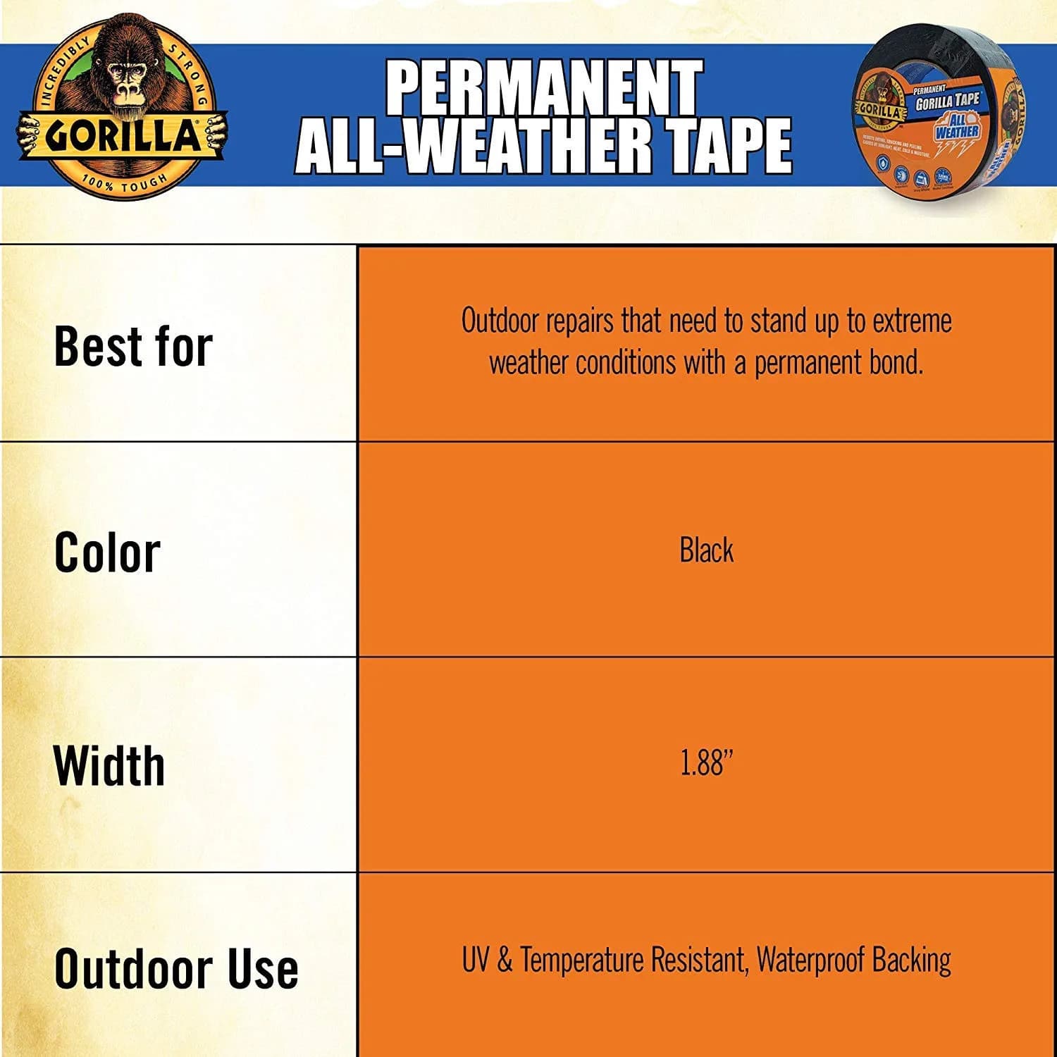 Gorilla All Weather Duct Tape Black 1.88" x 25 yd (4-Pack) | UV & Temperature Resistant Waterproof Tape for Outdoor Repairs - view 5
