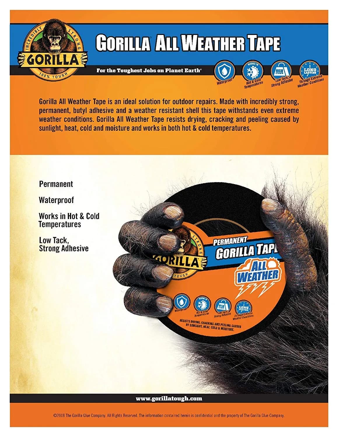 Gorilla All Weather Duct Tape Black 1.88" x 25 yd (4-Pack) | UV & Temperature Resistant Waterproof Tape for Outdoor Repairs - view 4