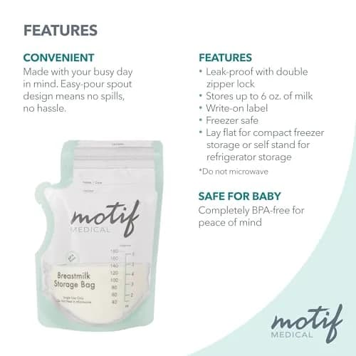 Motif Medical Breastmilk Storage Bags 6 oz (40 Count) | Easy-Pour Spout & Leak-Proof Double Zipper thumbnail 5