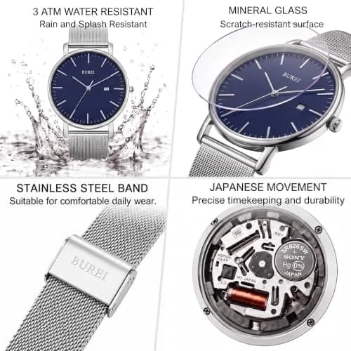 BUREI Men Wrist Watch Minimalist Analog Quartz Waterproof 7.2mm (Silver) | Light-Luxury Design thumbnail 5