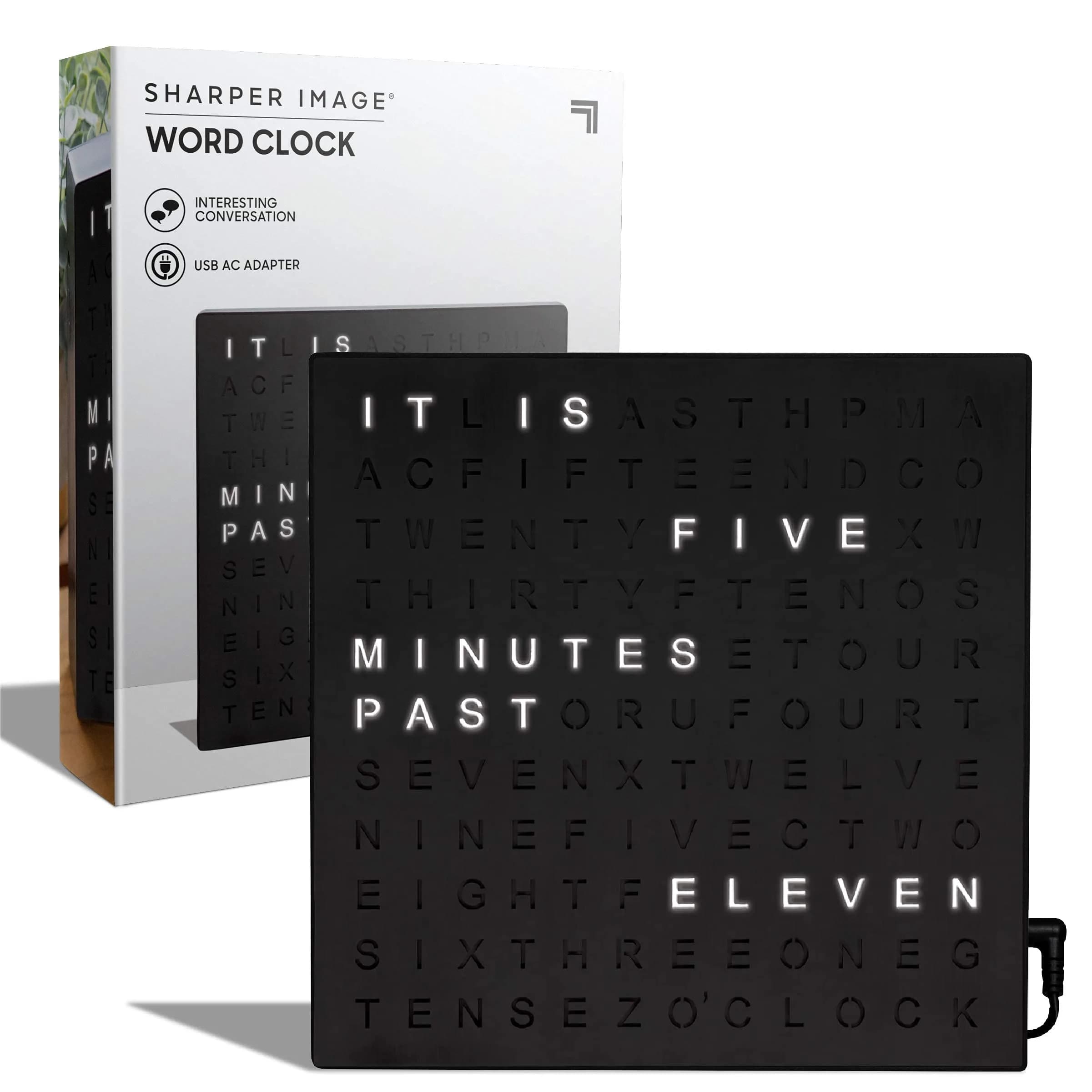 Sharper Image LED Word Clock 7.75" Rose Gold Finish | Modern Time Display with 5-Minute Alerts — Black Finish