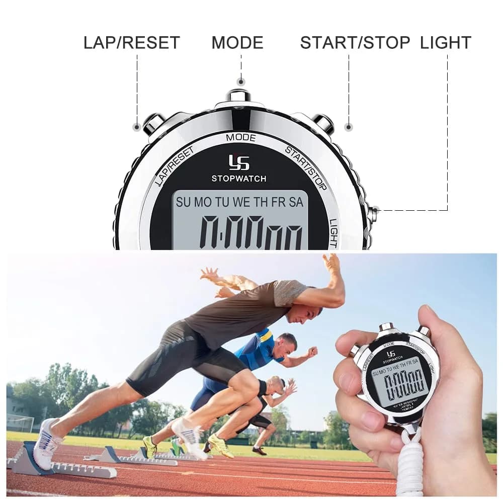 LAOPAO YS-528 Digital Stopwatch Timer | 1/100th Second Precision, Stainless Steel Case, 2 Lap Memory, Backlit - view 3