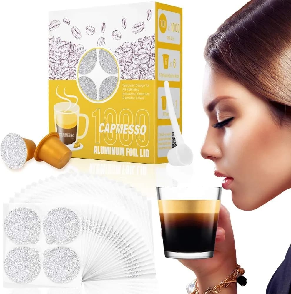 CAPMESSO 1000 Silver Aluminum Foil Coffee Pod Seal Lids + 6 Plastic Pods - main product image