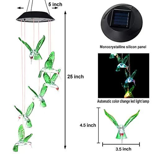 SIX FOXES Wind Chime, Solar Hummingbird | Colorful Outdoor/Indoor Decor with Light (Hummingbird-2, Multicolor) thumbnail 6