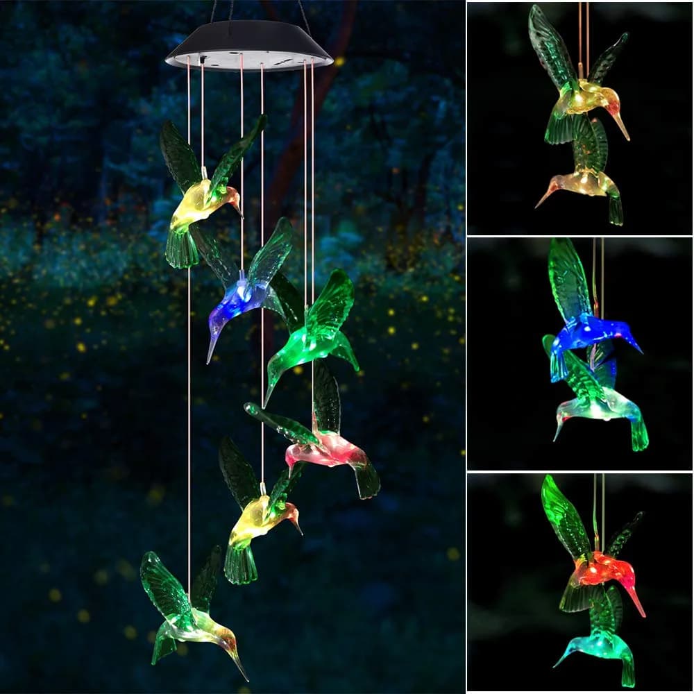 SIX FOXES Wind Chime, Solar Hummingbird | Colorful Outdoor/Indoor Decor with Light (Hummingbird-2, Multicolor)