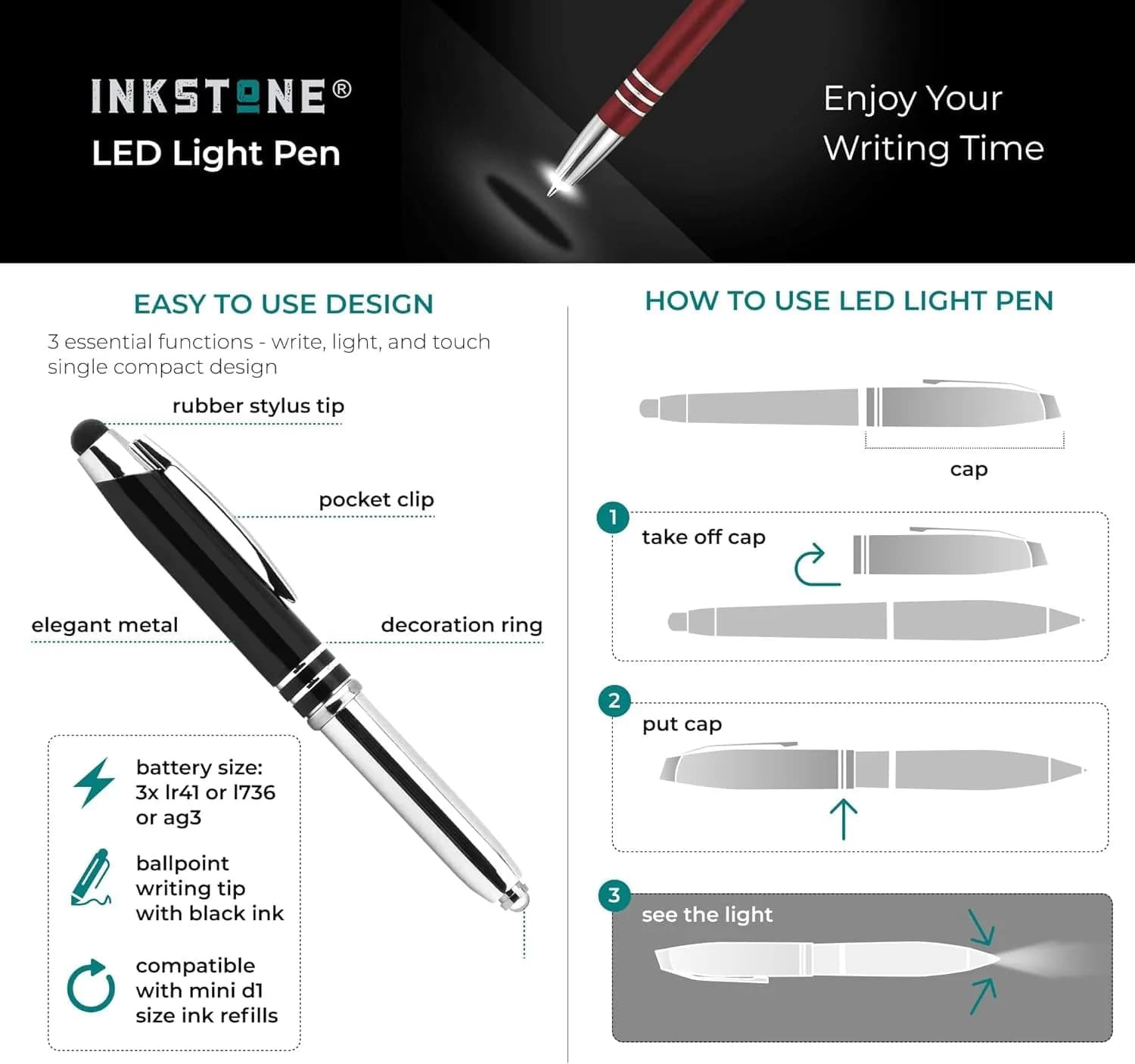 Inkstone Medical Quote Stylus Pen with LED Light & Black Ink | 0.5mm Fine Point, Refillable, Blue Body - view 6