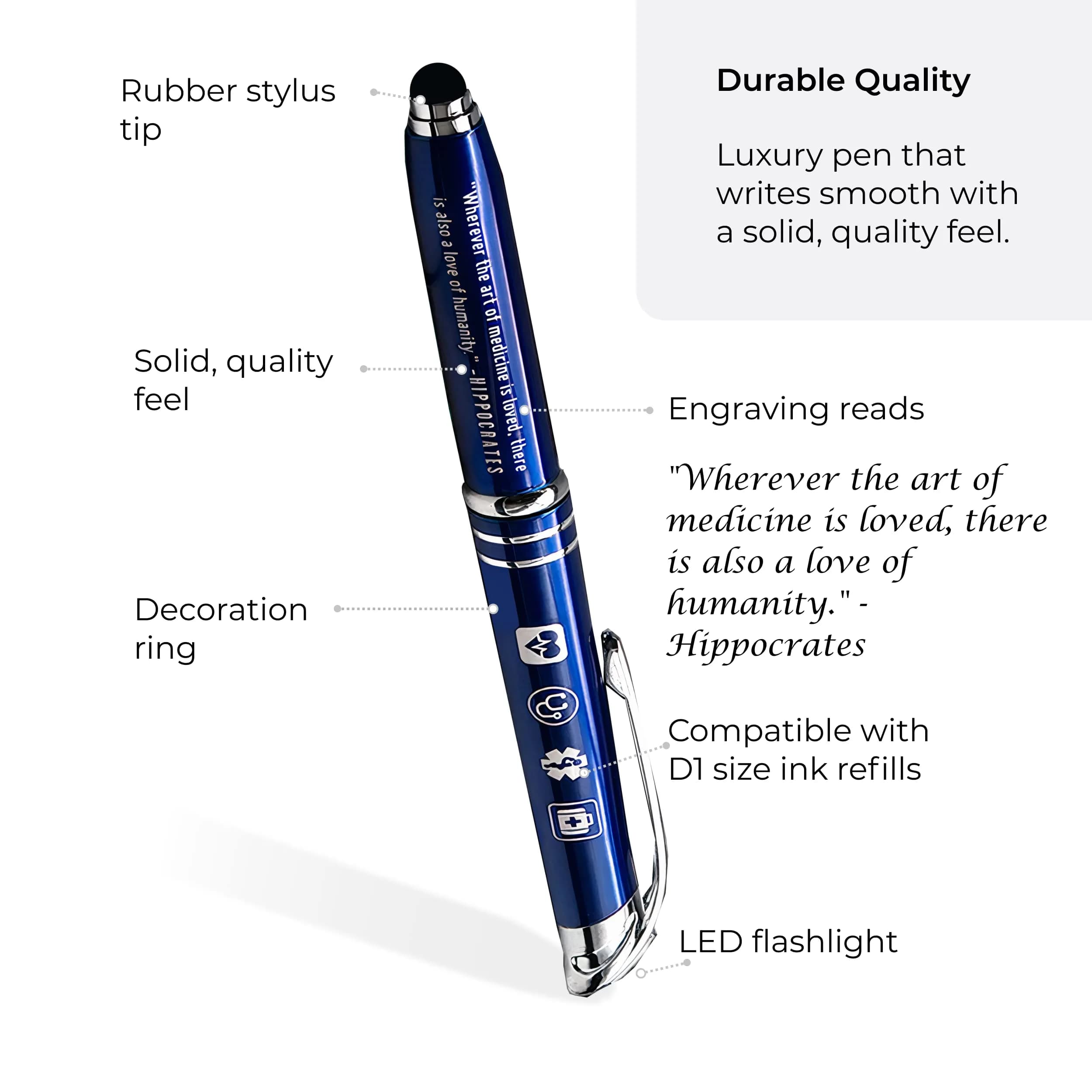 Inkstone Medical Quote Stylus Pen with LED Light & Black Ink | 0.5mm Fine Point, Refillable, Blue Body - view 2