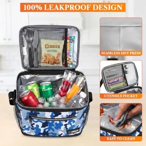 opux Insulated Lunch Bag for Men Women, Camo Blue Medium 8L Capacity | Leakproof Kids Lunch Box for Office, School, Travel thumbnail 4