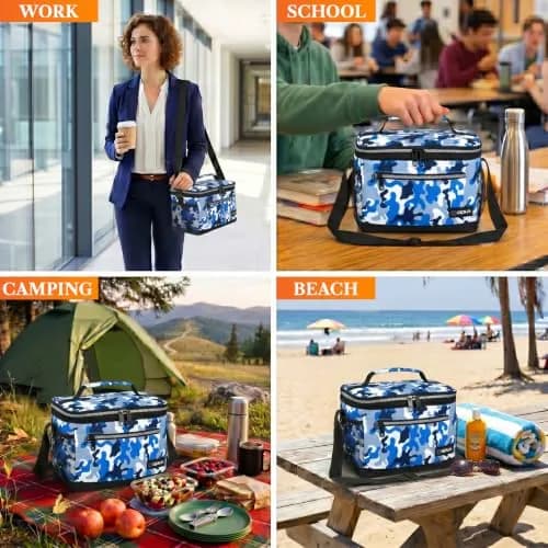 opux Insulated Lunch Bag for Men Women, Camo Blue Medium 8L Capacity | Leakproof Kids Lunch Box for Office, School, Travel thumbnail 7
