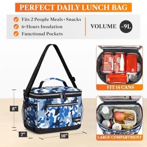opux Insulated Lunch Bag for Men Women, Camo Blue Medium 8L Capacity | Leakproof Kids Lunch Box for Office, School, Travel thumbnail 2
