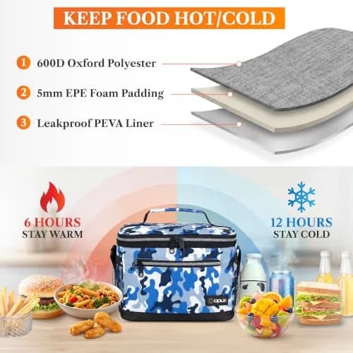 opux Insulated Lunch Bag for Men Women, Camo Blue Medium 8L Capacity | Leakproof Kids Lunch Box for Office, School, Travel thumbnail 3