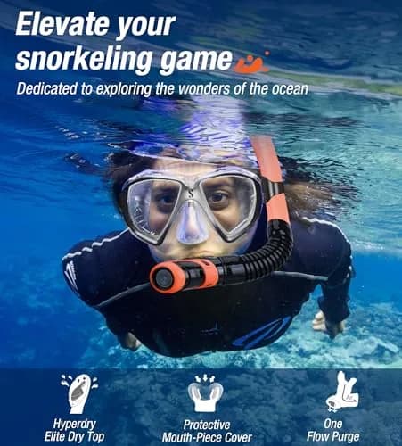 Aegend Snorkel Set for Adults & Youth | Dry Top, Purge Valve, Flexible Tube (One Size, Orange) thumbnail 6