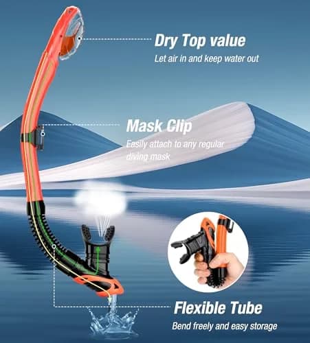 Aegend Snorkel Set for Adults & Youth | Dry Top, Purge Valve, Flexible Tube (One Size, Orange) thumbnail 3