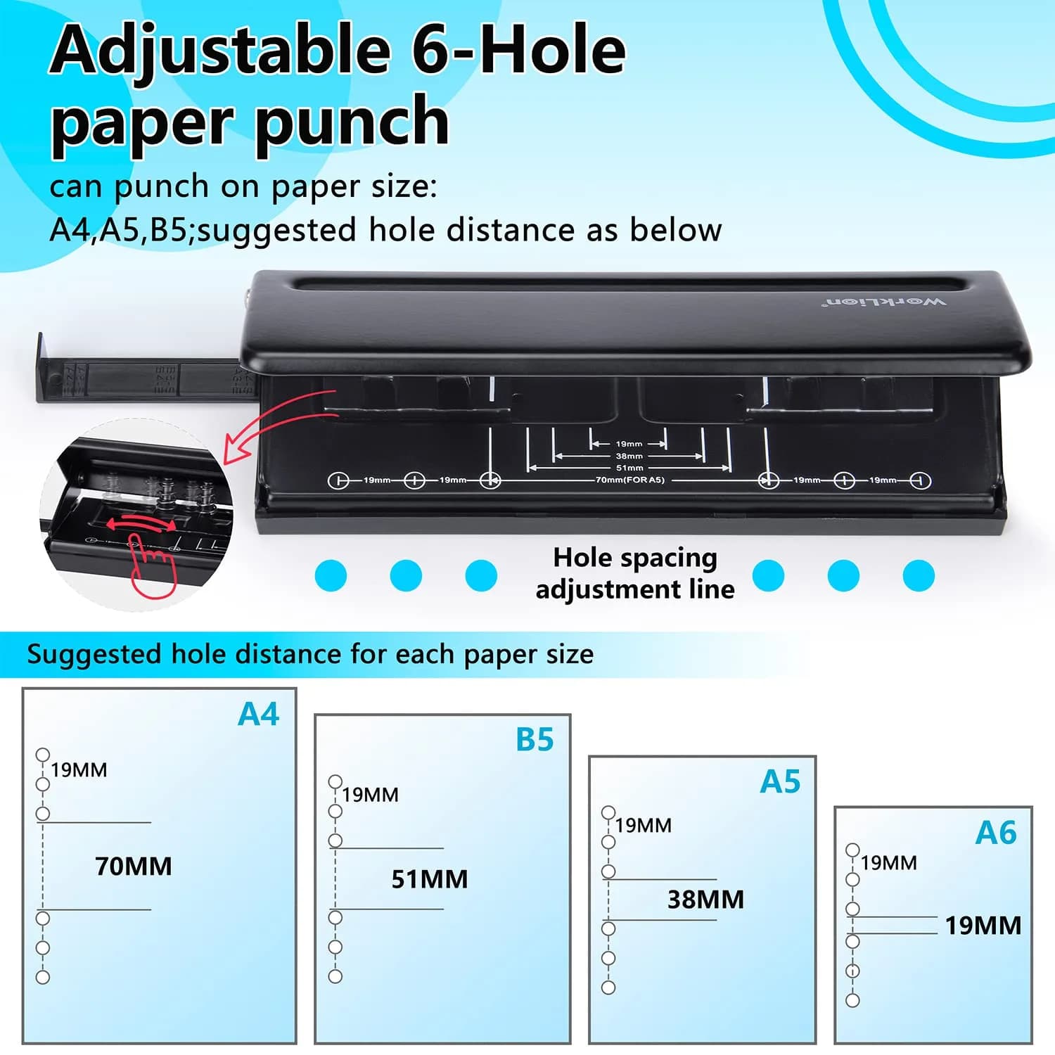 WORKLION Adjustable 6-Hole Punch with Positioning Mark, Daily Paper Puncher for A5 Size Six Ring Binder Planners - Refill Pages (Black, 19.4cm x 6.5cm x 6cm) - view 3