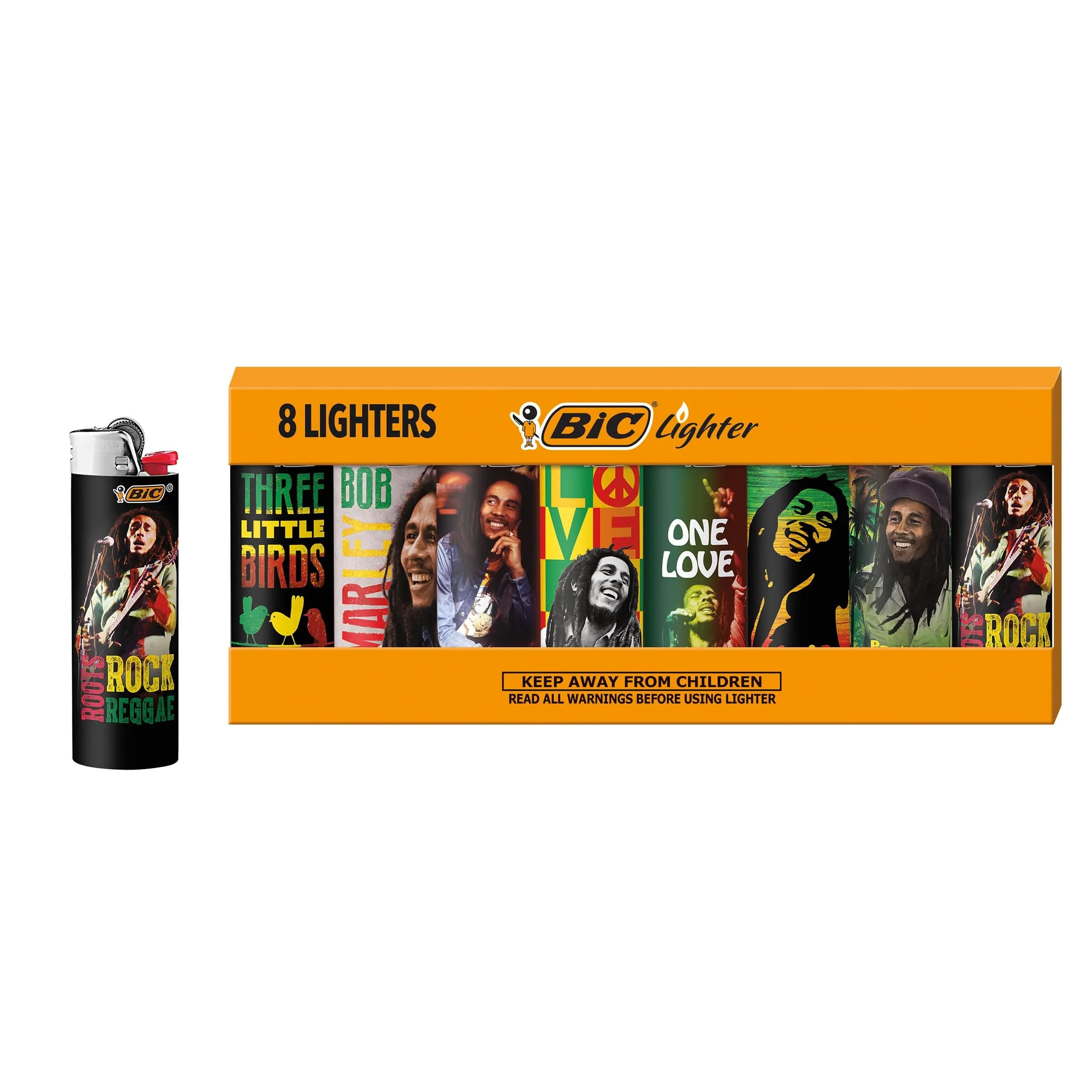 BIC Maxi Pocket Lighter, Bob Marley Collection, 8 Count | Long-lasting, Assorted Designs, Child-Resistant — Bob Marley