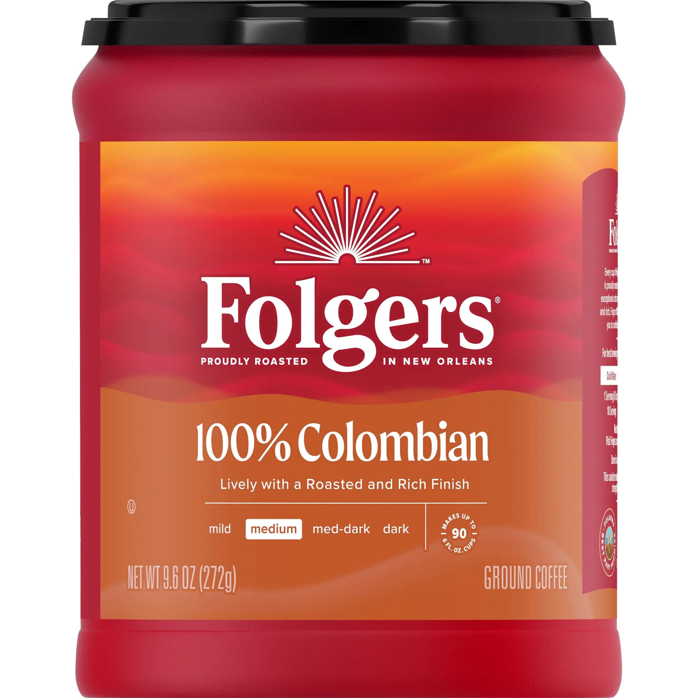 Folgers 100% Colombian Coffee, Medium Roast Ground Coffee, 9.6 Ounce Canister | Rich, Lively Flavor