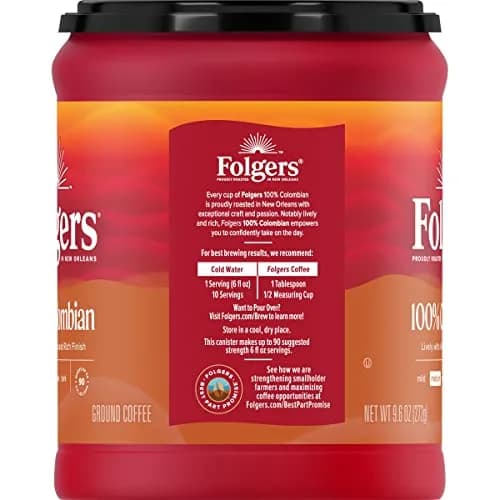 Folgers 100% Colombian Coffee, Medium Roast Ground Coffee, 9.6 Ounce Canister | Rich, Lively Flavor thumbnail 3