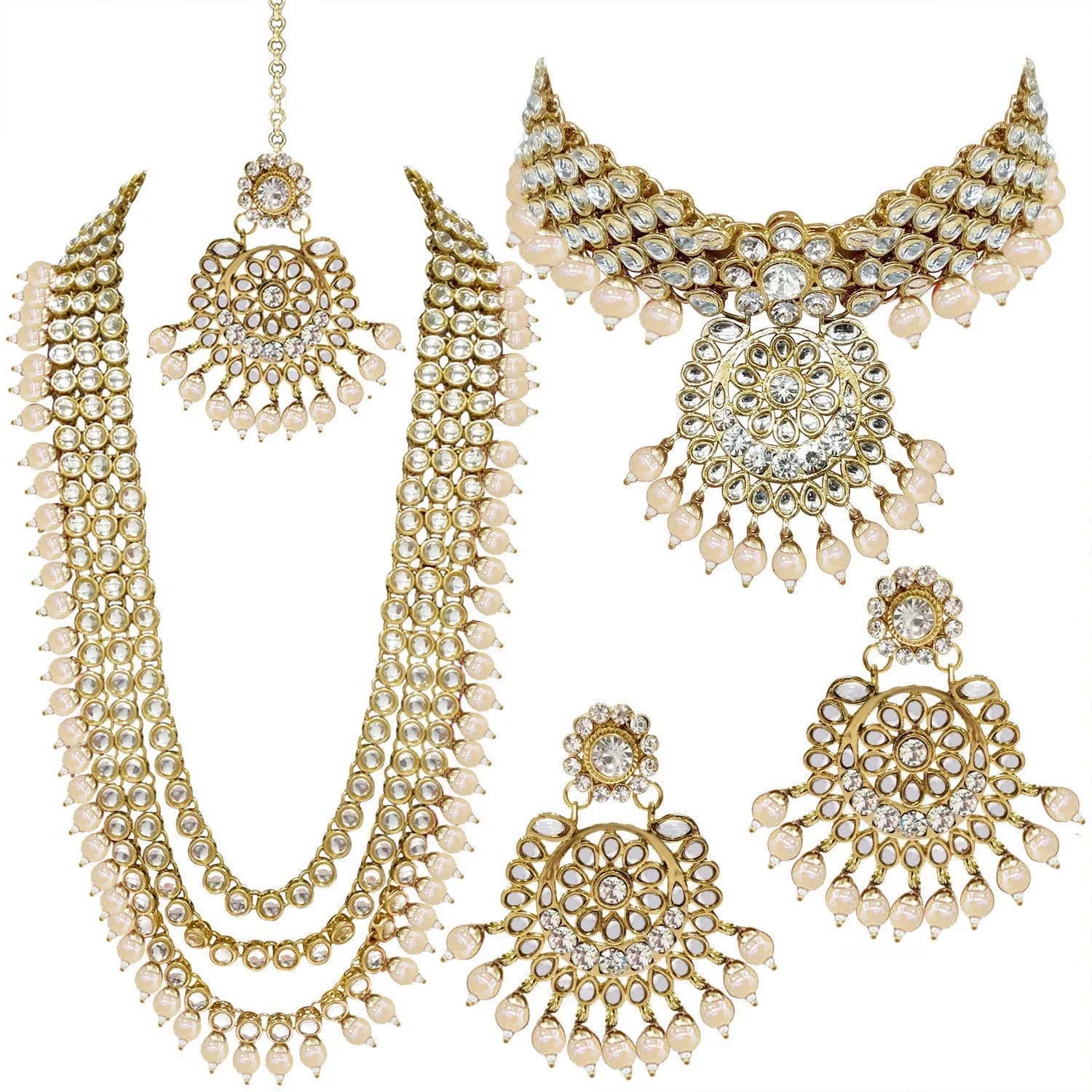 I Jewels 18k Gold Plated Kundan Pearl Bridal Necklace Set with Earrings & Maang Tikka | Traditional Indian Wedding Wear — White