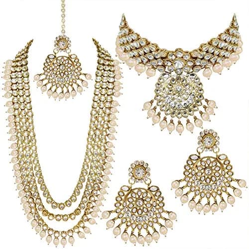 I Jewels 18k Gold Plated Kundan Pearl Bridal Necklace Set with Earrings & Maang Tikka | Traditional Indian Wedding Wear thumbnail 1