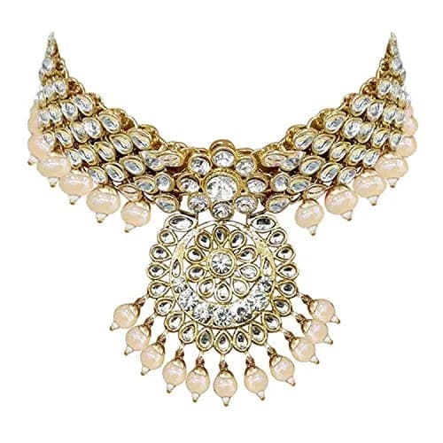 I Jewels 18k Gold Plated Kundan Pearl Bridal Necklace Set with Earrings & Maang Tikka | Traditional Indian Wedding Wear thumbnail 6