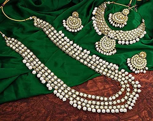 I Jewels 18k Gold Plated Kundan Pearl Bridal Necklace Set with Earrings & Maang Tikka | Traditional Indian Wedding Wear thumbnail 9