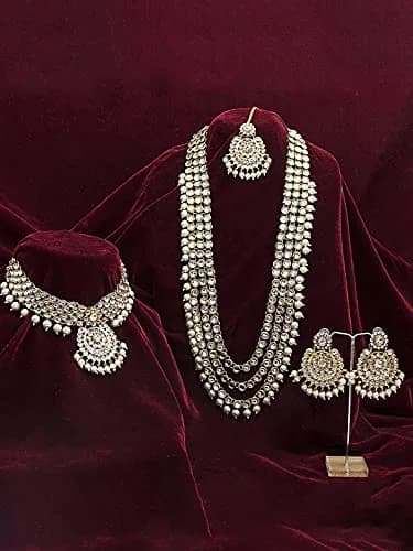 I Jewels 18k Gold Plated Kundan Pearl Bridal Necklace Set with Earrings & Maang Tikka | Traditional Indian Wedding Wear thumbnail 2