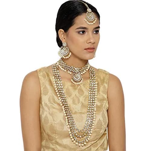I Jewels 18k Gold Plated Kundan Pearl Bridal Necklace Set with Earrings & Maang Tikka | Traditional Indian Wedding Wear thumbnail 3