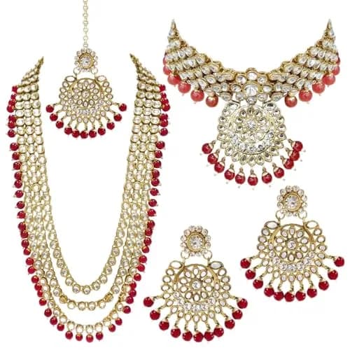 I Jewels Gold Plated Kundan Necklace Set Jewelry for Women (IJ325R) - 26" Necklace, 10" Choker, 7" Maang Tikka | Traditional Indian Wedding Wear thumbnail 1