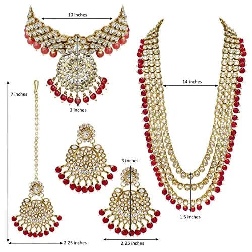 I Jewels Gold Plated Kundan Necklace Set Jewelry for Women (IJ325R) - 26" Necklace, 10" Choker, 7" Maang Tikka | Traditional Indian Wedding Wear thumbnail 6