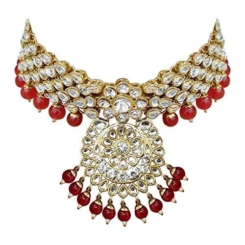 I Jewels Gold Plated Kundan Necklace Set Jewelry for Women (IJ325R) - 26" Necklace, 10" Choker, 7" Maang Tikka | Traditional Indian Wedding Wear thumbnail 2