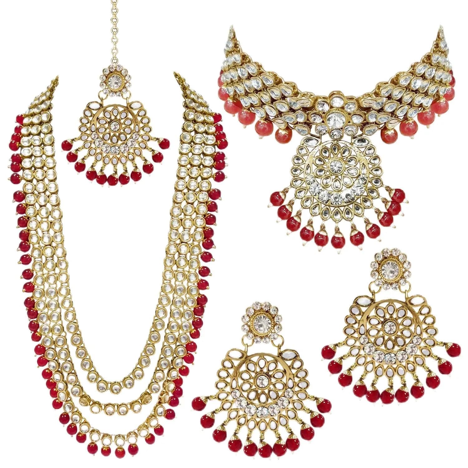 I Jewels Gold Plated Kundan Necklace Set Jewelry for Women (IJ325R) - 26" Necklace, 10" Choker, 7" Maang Tikka | Traditional Indian Wedding Wear - main product image