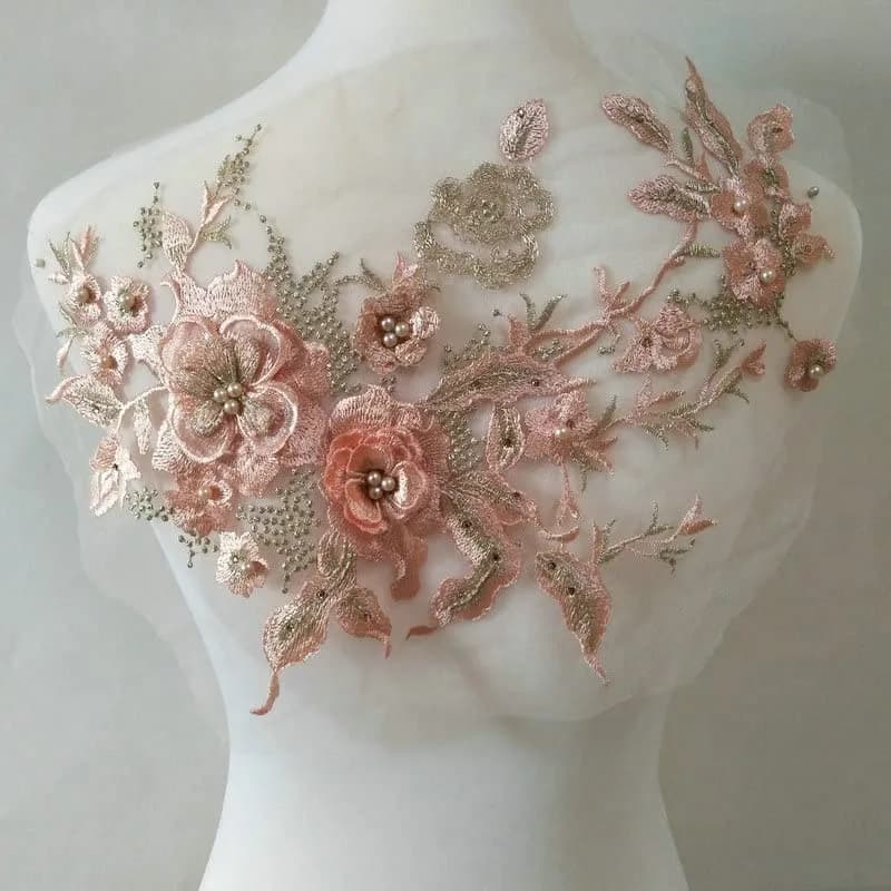 FEEPOP Citrus Powder 3D Embroidered Flower Lace Applique Patch 35cm x 28cm for Wedding Dresses - main product image
