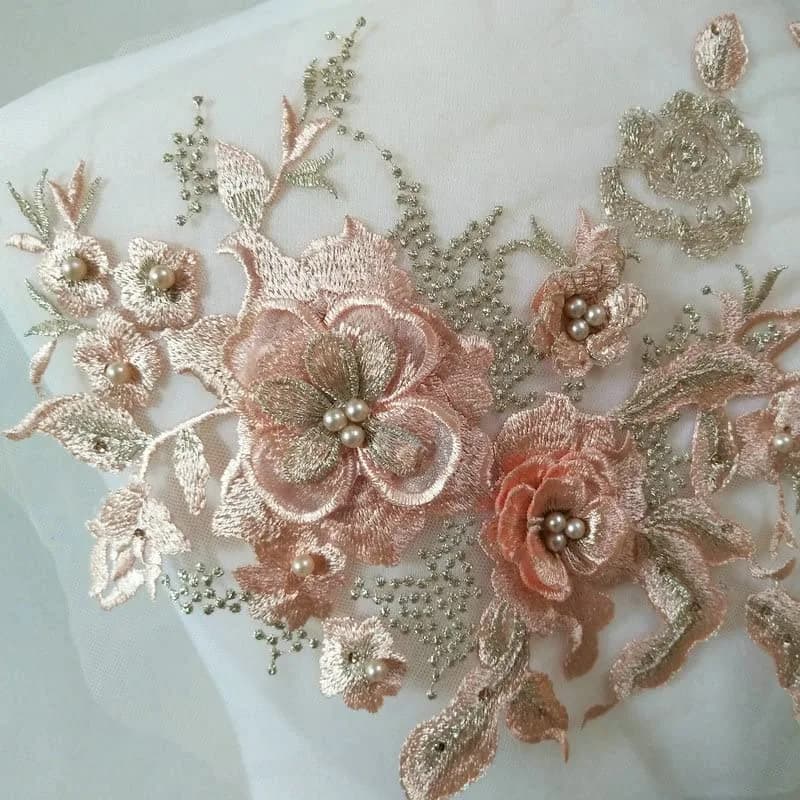 FEEPOP Citrus Powder 3D Embroidered Flower Lace Applique Patch 35cm x 28cm for Wedding Dresses - view 2