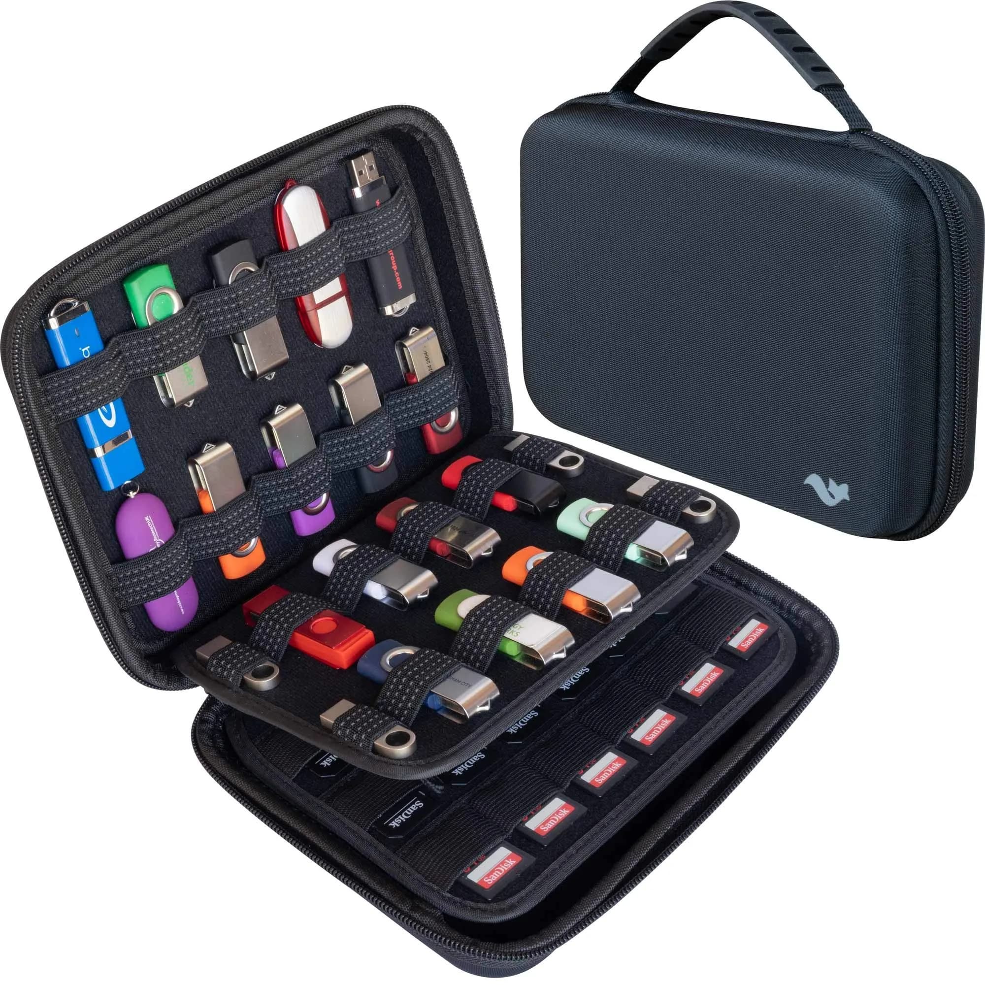ButterFox Large Capacity USB Thumb Flash Pen Drive Storage Holder/Memory Card SD SDXC SDHC Card Holder Case/External Hard Drive Case/Universal Electronic Accessories Organizer — Black