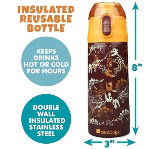 Bentology Stainless Steel Insulated Water Bottle 590ml (13 oz) Dino | Spill-Proof Lid with Built-in Spout thumbnail 3