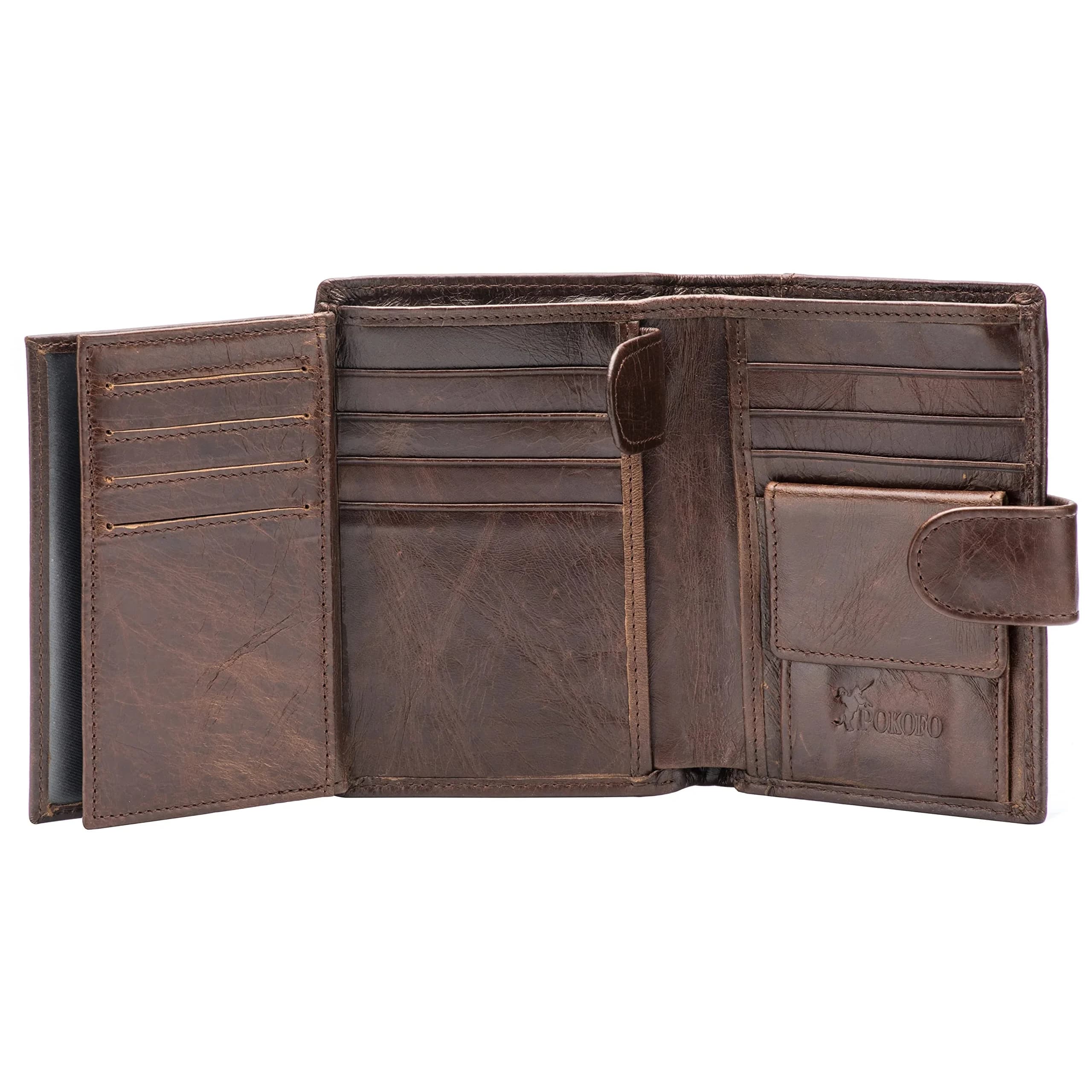 POKOFO RFID Genuine Leather Trifold Wallet with Snap Closure & 10 Card Slots | 11.7 cm (4.6") x 8.9 cm (3.5") x 1.5 cm (0.6") — Chocolate Large