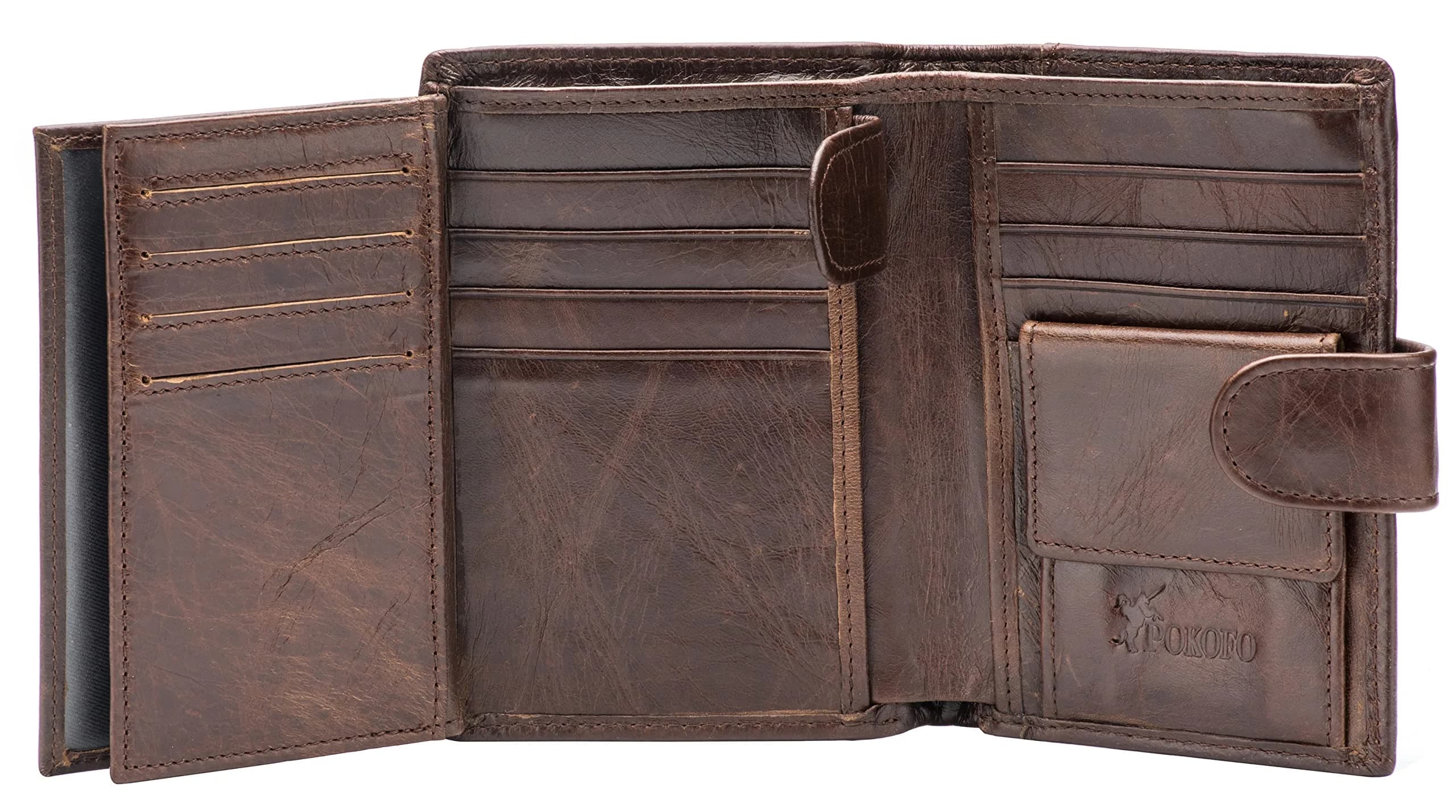 POKOFO Large RFID Genuine Leather Trifold Wallet for Men (Chocolate) 12.7cm (5") | Classic Design, 14 Card Slots - main product image