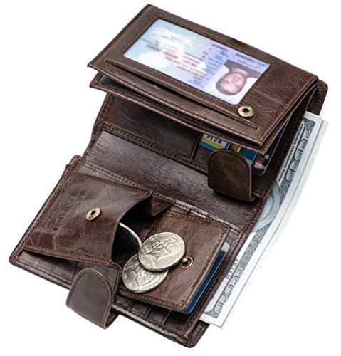 POKOFO Large RFID Genuine Leather Trifold Wallet for Men (Chocolate) 12.7cm (5") | Classic Design, 14 Card Slots thumbnail 4