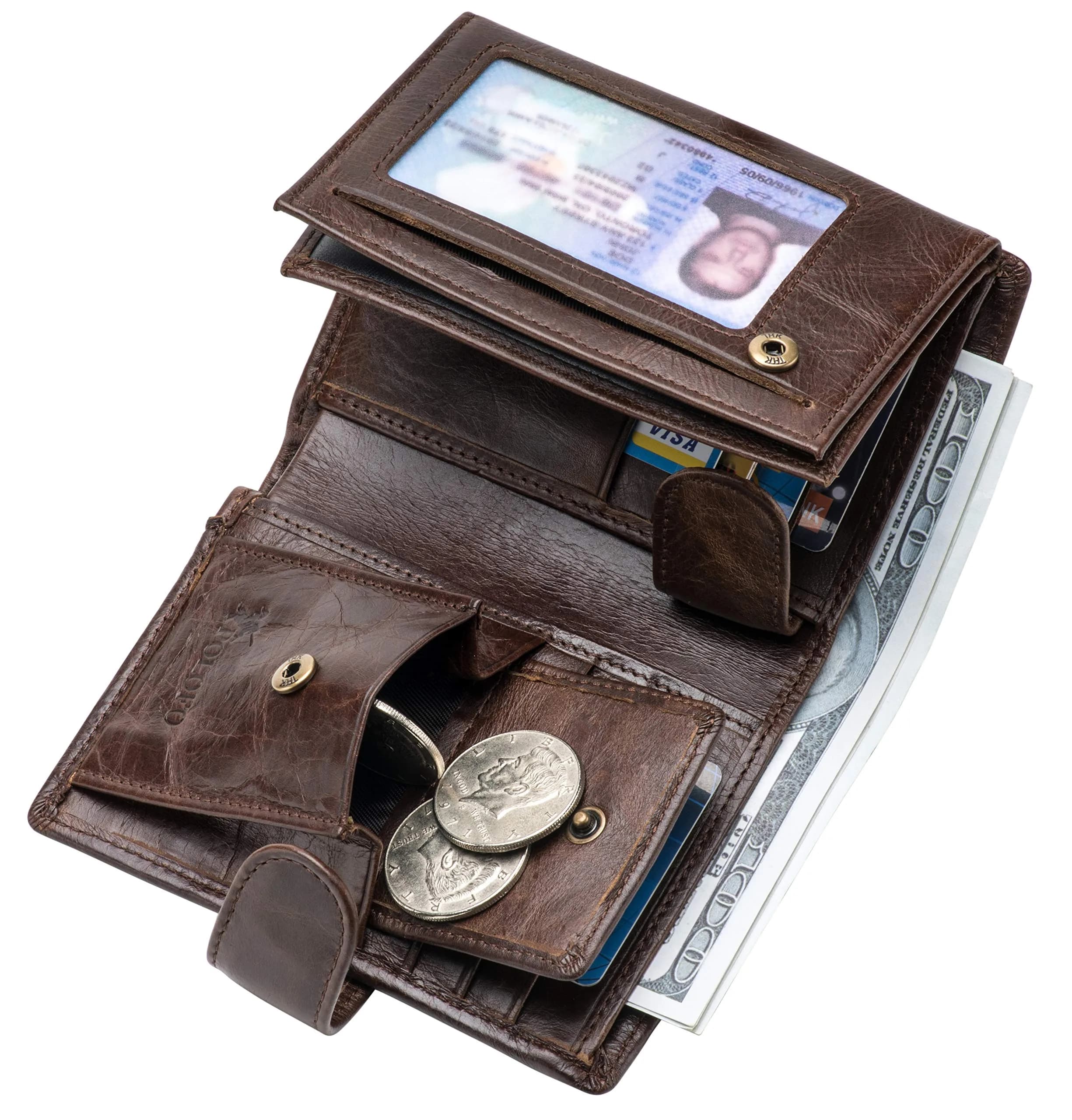 POKOFO Large RFID Genuine Leather Trifold Wallet for Men (Chocolate) 12.7cm (5") | Classic Design, 14 Card Slots - view 4