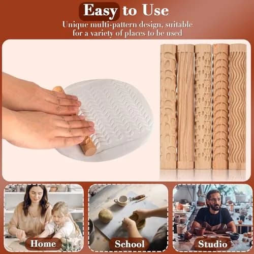 Lzttyee Wooden Handle Pottery Tools Clay Modeling Pattern Rollers Set of 5 | Create Unique Textures on Clay Slabs thumbnail 4