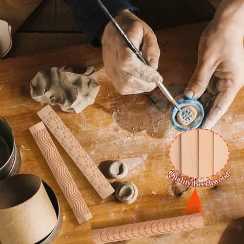 Lzttyee Wooden Handle Pottery Tools Clay Modeling Pattern Rollers Set of 5 | Create Unique Textures on Clay Slabs thumbnail 5