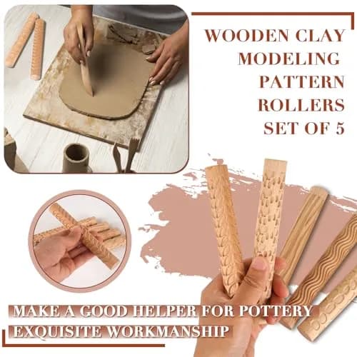 Lzttyee Wooden Handle Pottery Tools Clay Modeling Pattern Rollers Set of 5 | Create Unique Textures on Clay Slabs thumbnail 6