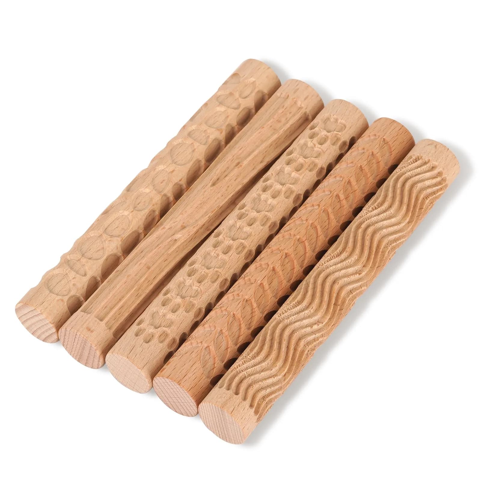 Lzttyee Wooden Handle Pottery Tools Clay Modeling Pattern Rollers Set of 5 | Create Unique Textures on Clay Slabs — 0.59 in x 4.72 in