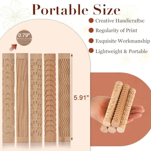 Lzttyee Wooden Handle Pottery Tools Clay Modeling Pattern Rollers Set of 5 | Create Unique Textures on Clay Slabs thumbnail 2