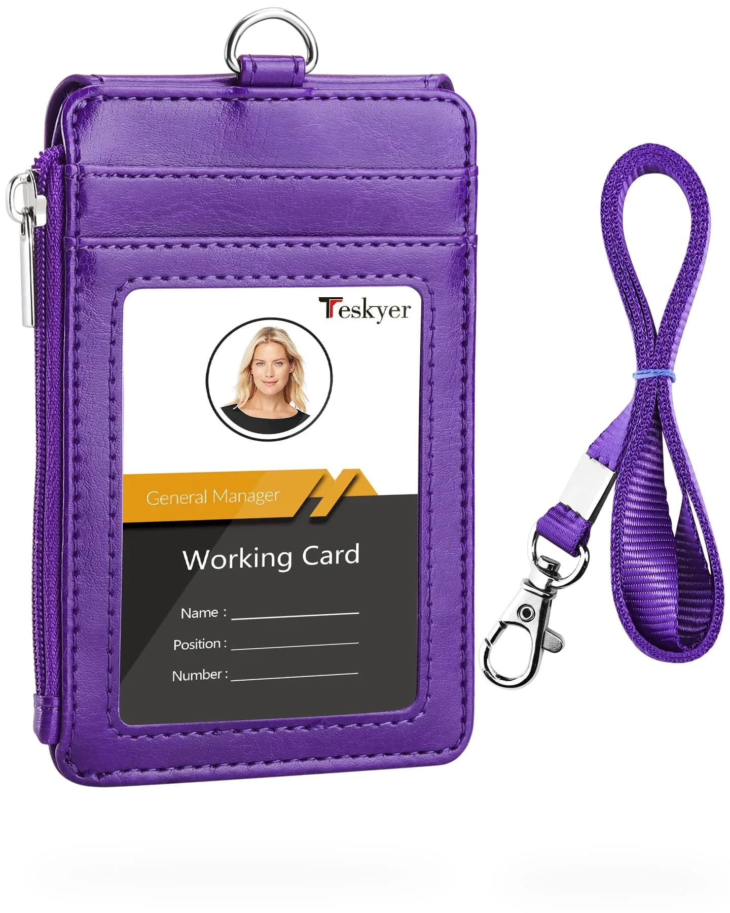 Teskyer Purple PU Leather ID Badge Holder with Lanyard & Zipper Pocket | 4 Card Slots, 1 Clear ID Window - main product image