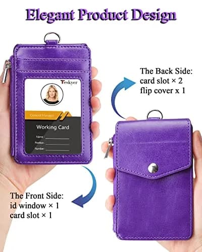 Teskyer Leather ID Badge Holder with Lanyard, Purple | Wallet & ID Organizer for Professionals thumbnail 6