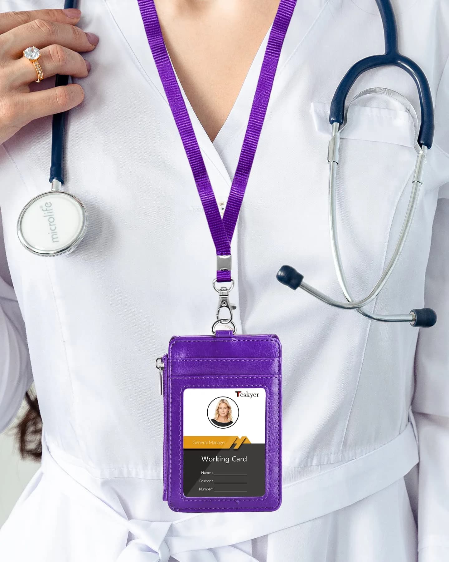 Teskyer Purple PU Leather ID Badge Holder with Lanyard & Zipper Pocket | 4 Card Slots, 1 Clear ID Window - view 2